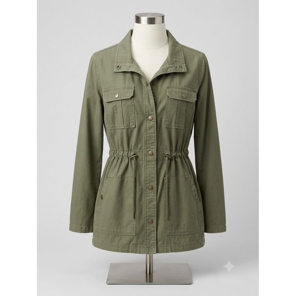 Olive Green Utility Jacket Women Military Anorak Drawstring Waist Coat M